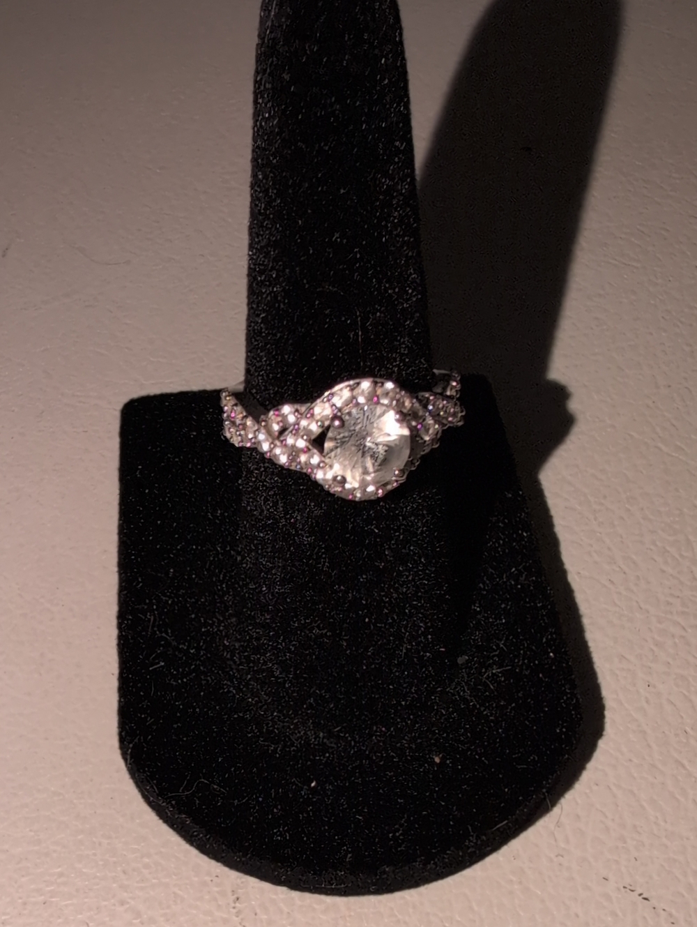 Silver Toned Clear Cubic Zirconia Floral Twist Ring - Size 5